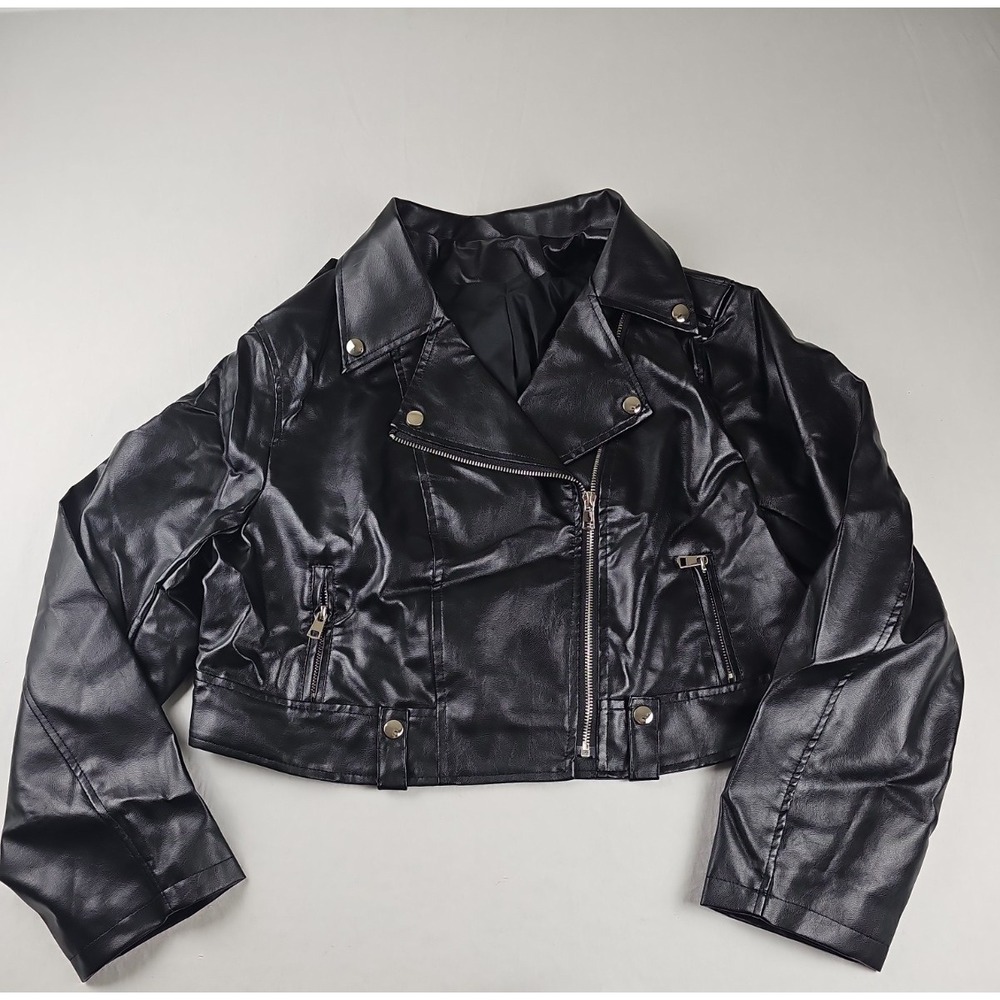 SHEIN Curve Women's 1XL Black Moto Biker Jacket Cropped Zip Up Long Sleeve